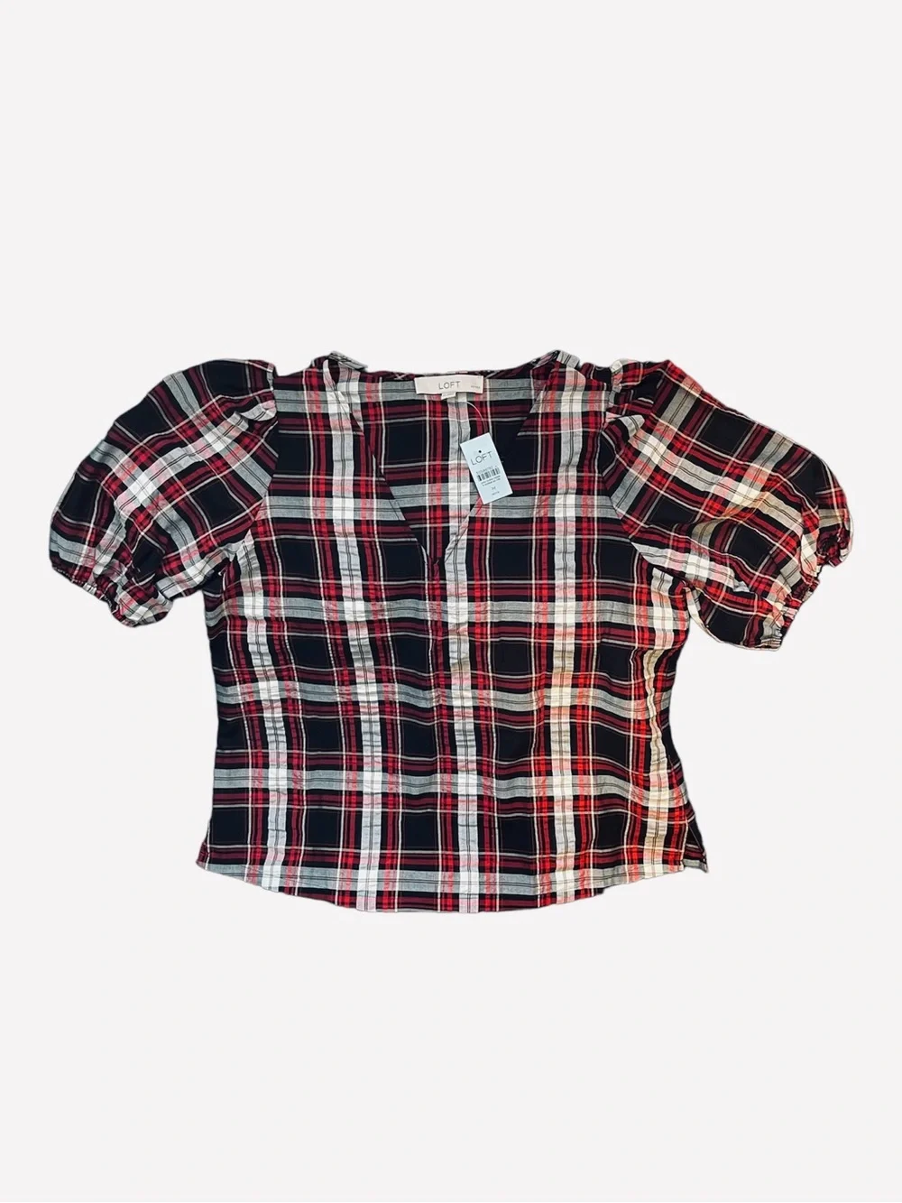 LOFT Black, Red & White Plaid V Neck Short Sleeve Blouse
